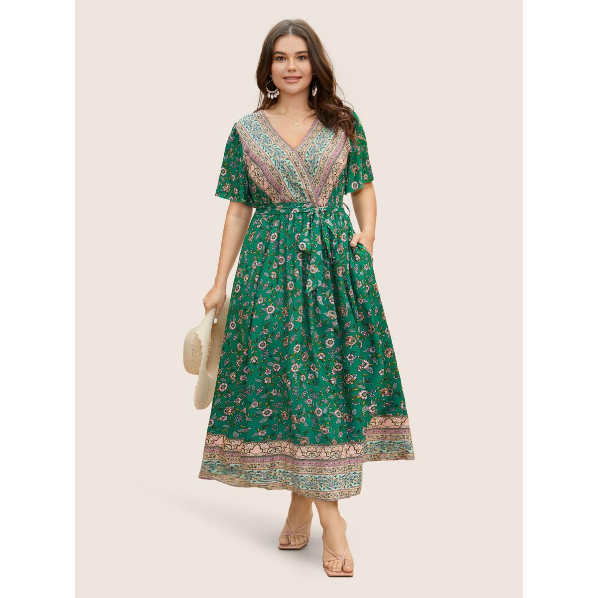 Plus Size Bandana Surplice Neck Pocket Belted Flutter Hem Maxi Dress Emerald Women Resort Non V-neck Short sleeve Curvy Long Dress BloomChic 22-24/3X Product Image