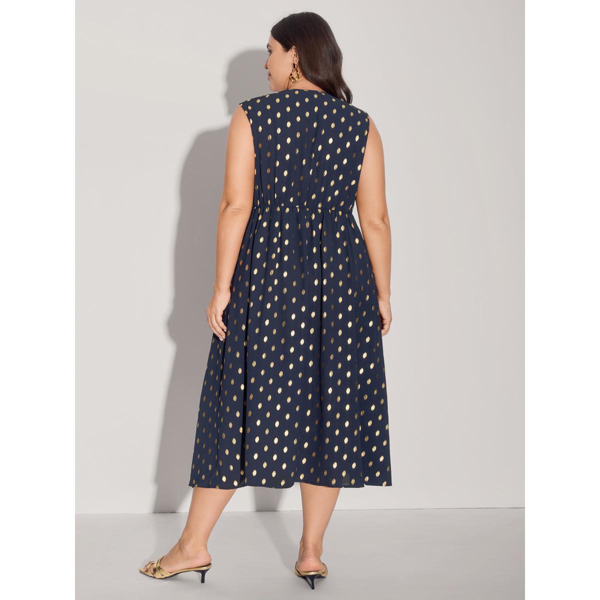 Plus Size Gold Polka Dots Waist-Defining Midi Dress Indigo Women Party&Cocktail Overlapping Overlap Collar Sleeveless Curvy BloomChic 12/L Product Image