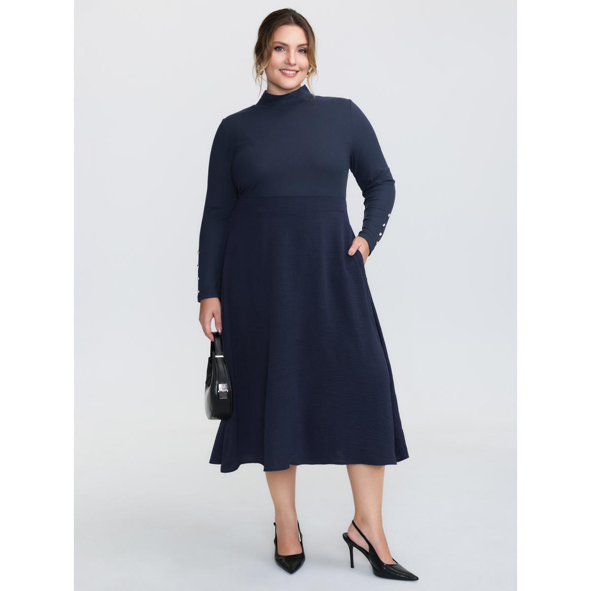 Plus Size Mock Neck Waist-Defining Button Midi Dress Indigo Women Timeless Texture Round Neck Long Sleeve Curvy BloomChic 30/6X Product Image