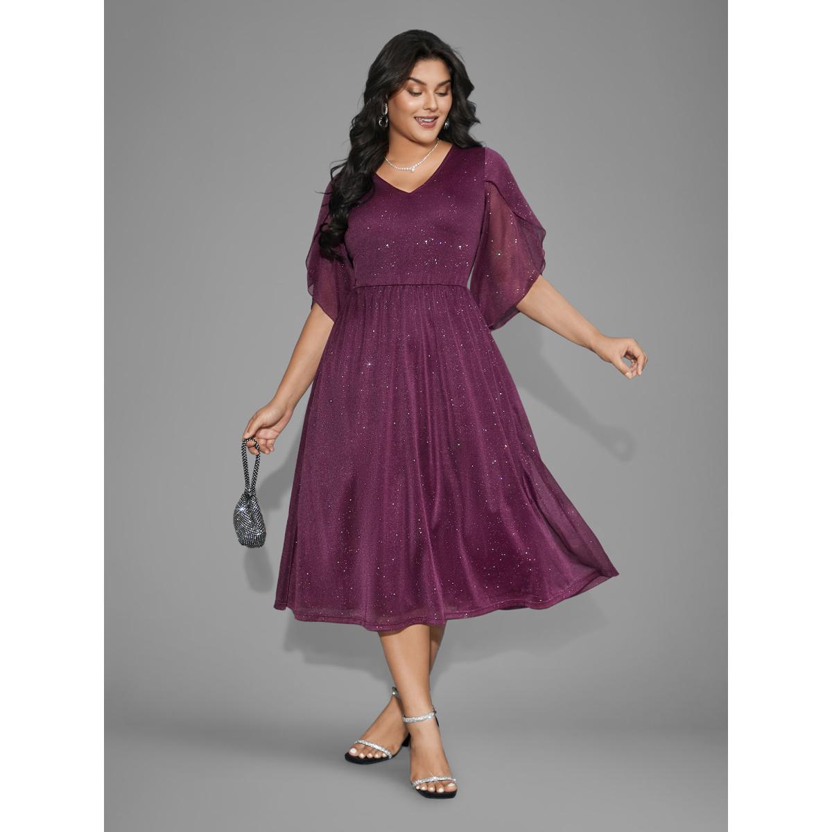 Plus Size Glitter Mesh Petal Sleeve Midi Dress Deeppurplered Women Party&Cocktail Texture Party Curvy Bloomchic 28/5X Product Image