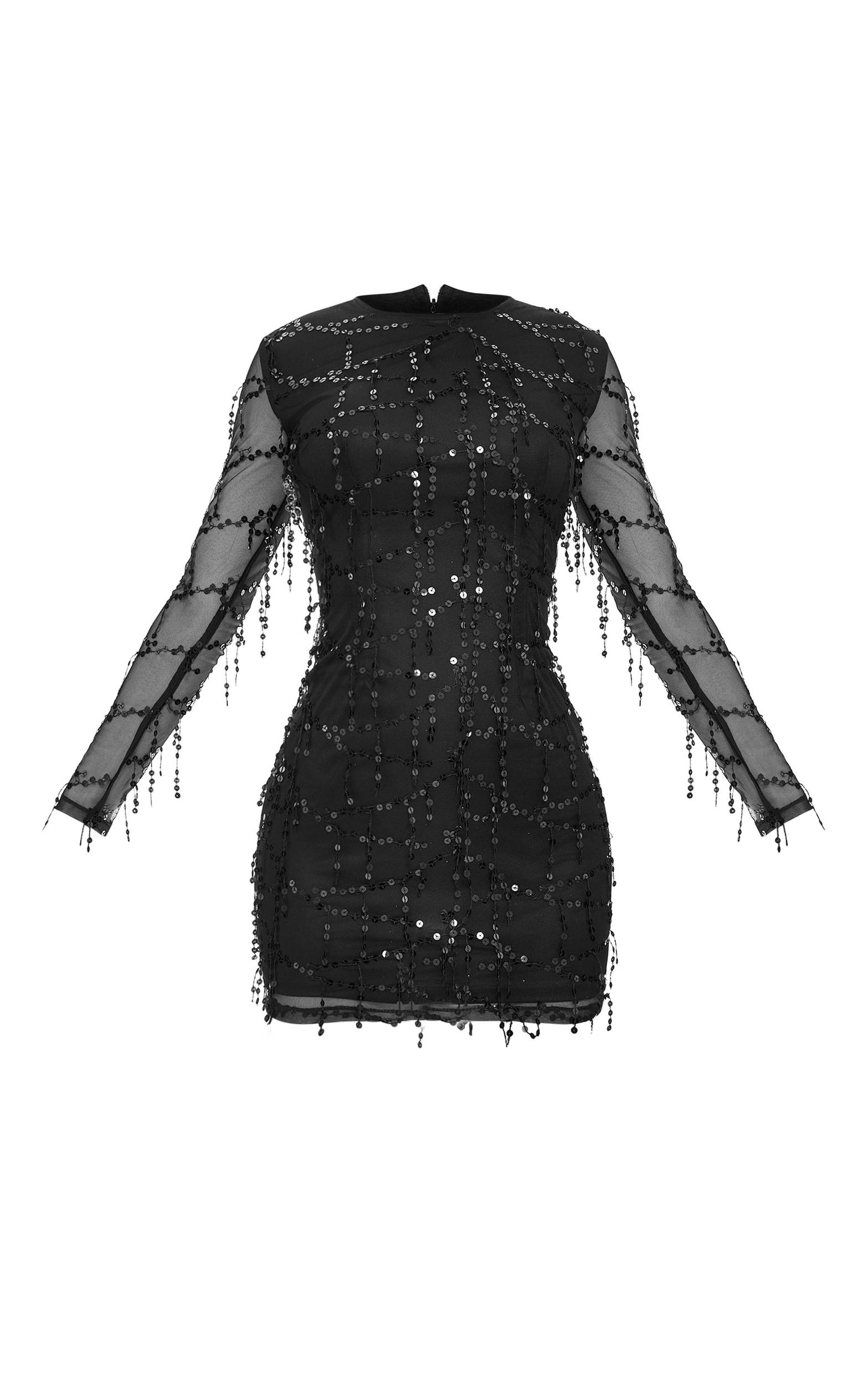 Black Sequin Detail Long Sleeve Mini Dress Product Image