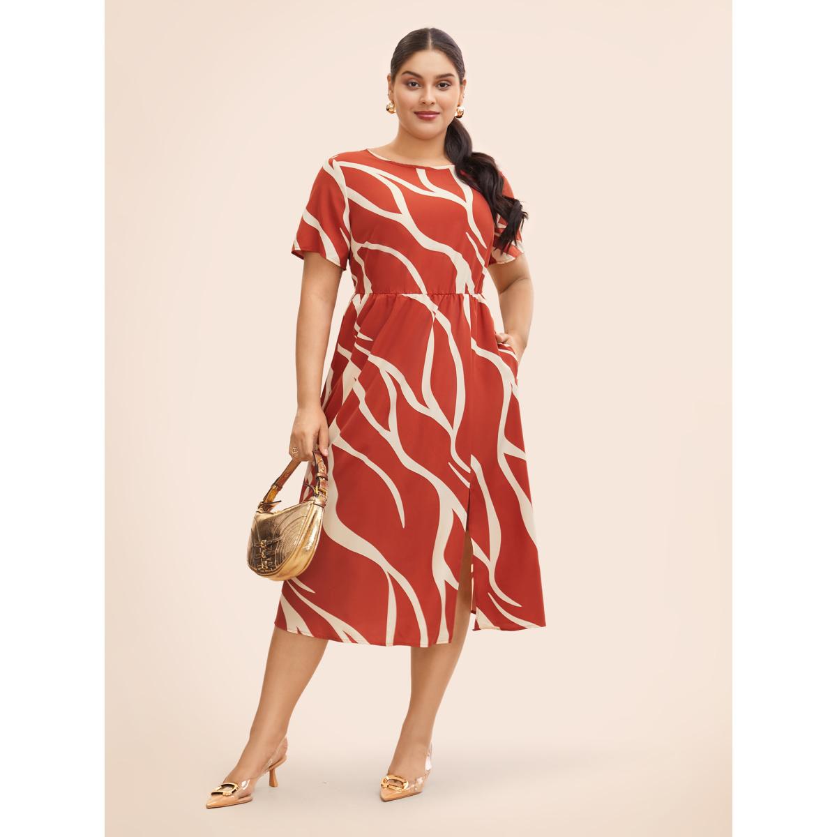 Plus Size Geometric Split Hem Midi Dress OrangeRed Women Workwear Essentials Non Round Neck Short sleeve Curvy BloomChic 30/6X Product Image
