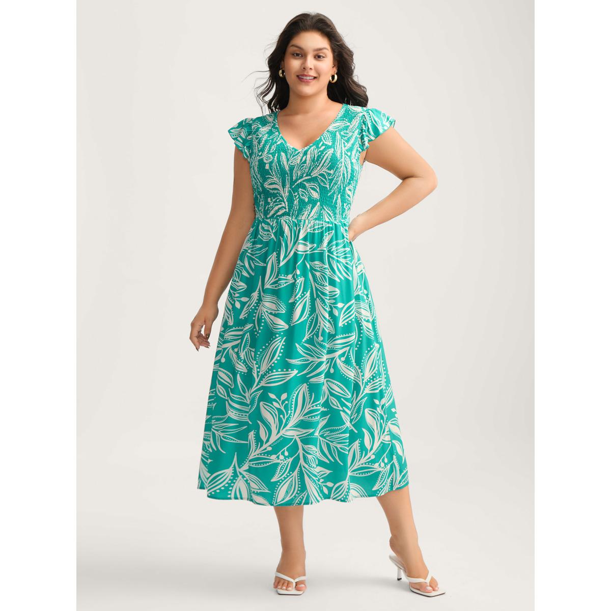 Plus Size Rayon Leafy Print Shirred Midi Dress Arctic Women V-neck Cap Sleeve Curvy BloomChic 30/6X Product Image