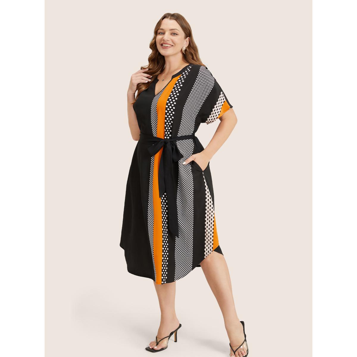 Plus Size Striped Patchwork Arc Hem Pocket Batwing Sleeve Belt Dress Black Women Resort Non Notched collar Short sleeve Curvy Midi Dress BloomChic 14-16/1X Product Image