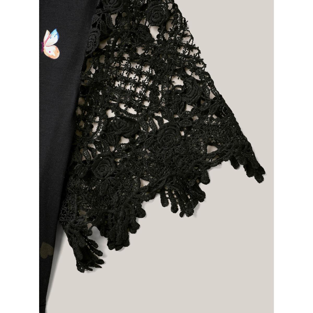 Plus Size Butterfly Print V-Neck Lace Midi Dress Multicolor Women Casual Woven ribbon&lace trim Knit Dresses Bloomchic 26/4X Product Image