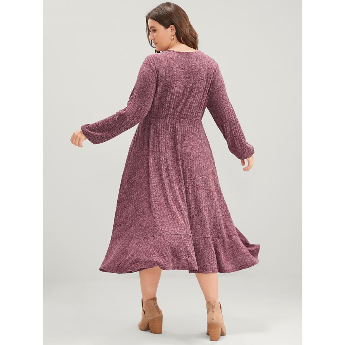 Plus Size Solid Button Detail Pocket Rib Knit Flutter Dress Burgundy Women Casual Elastic Waist V-neck Long Sleeve Curvy Midi Dress BloomChic 14-16/1X Product Image
