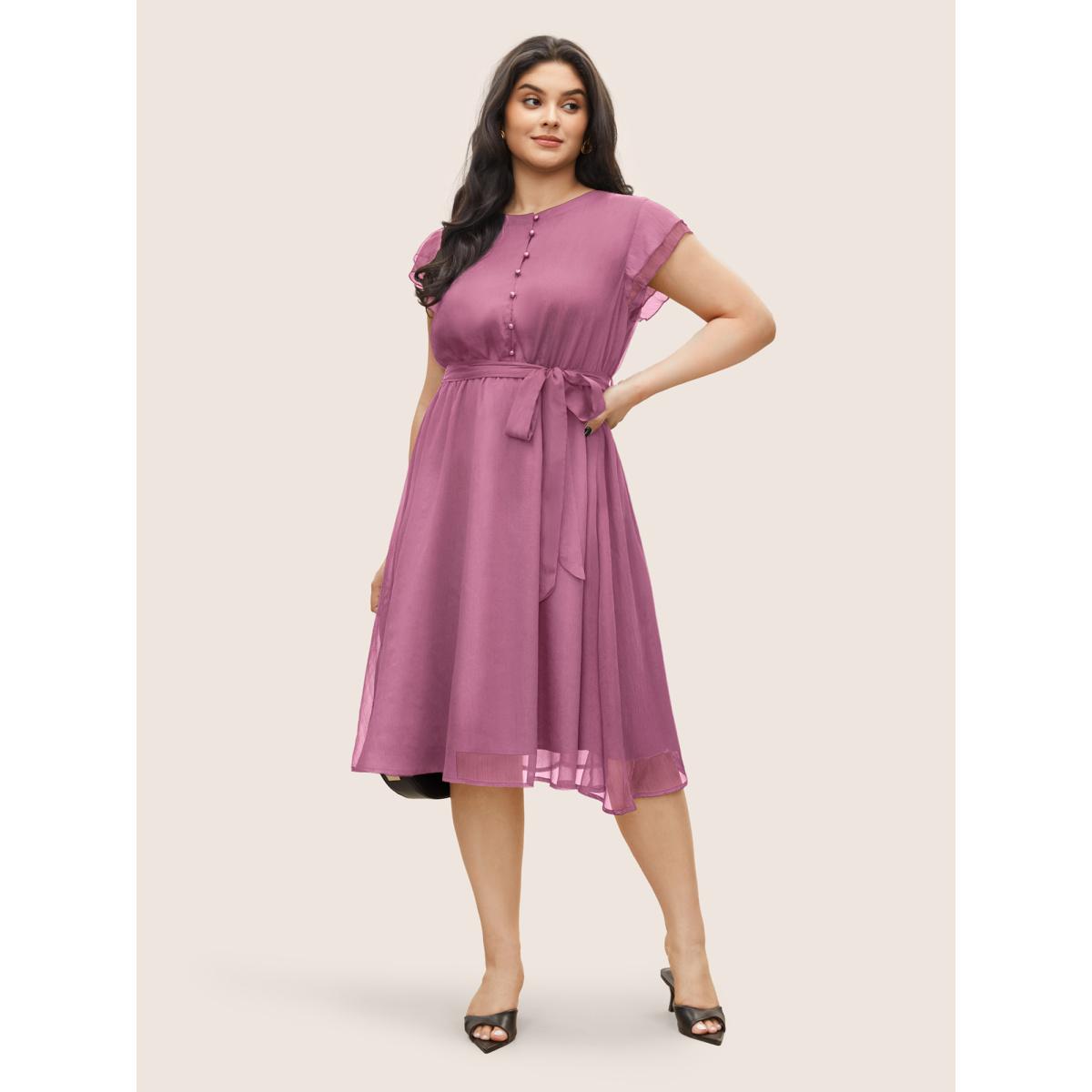 Plus Size Solid Mesh Belted Ruffle Cap Sleeve Dress Lilac Women At the Office Non Round Neck Cap Sleeve Curvy Midi Dress BloomChic 30/6X Product Image