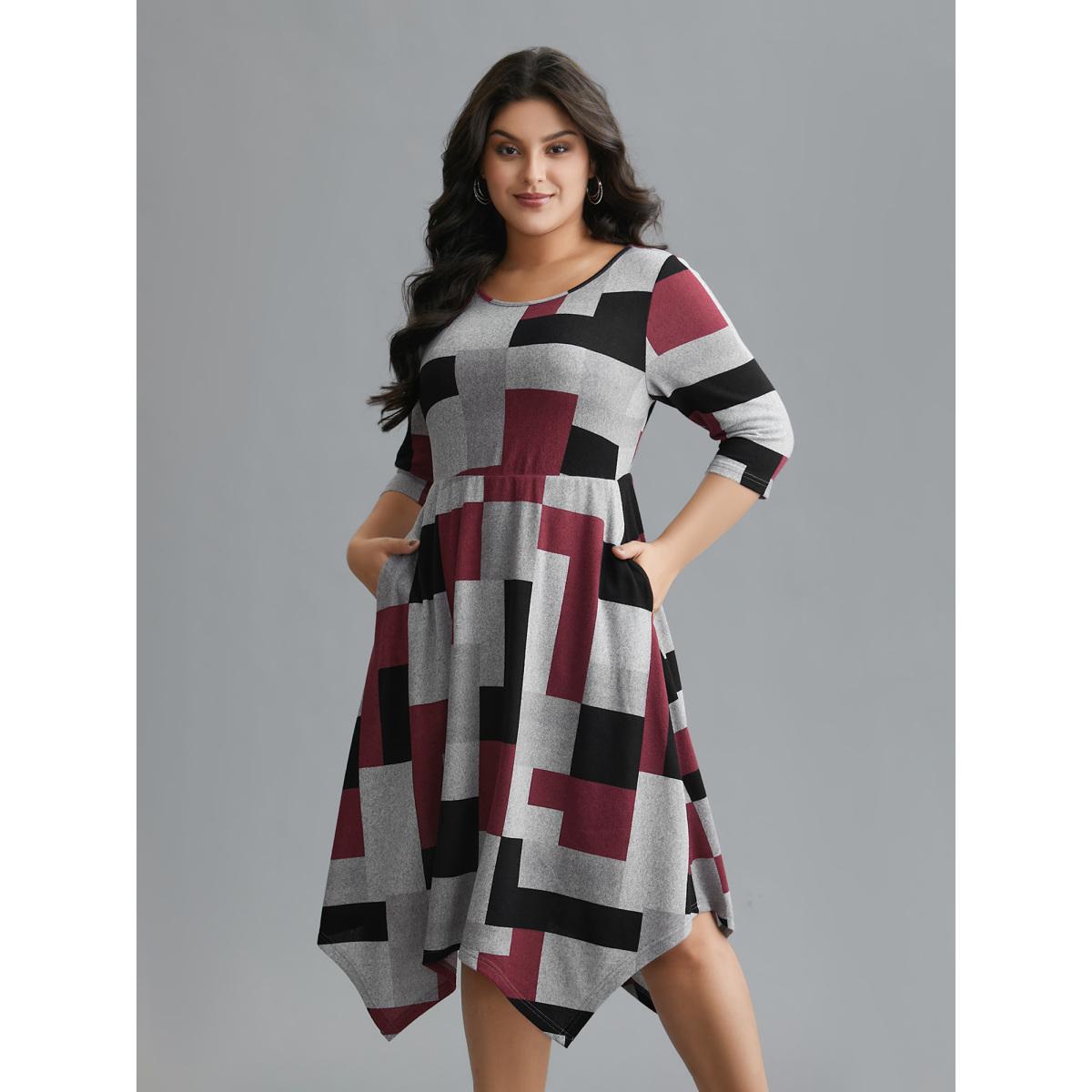 Plus Size Geometric Print Asymmetrical Hem Midi Dress Multicolor Women Casual Contrast Knit Dresses Bloomchic 10/M Product Image