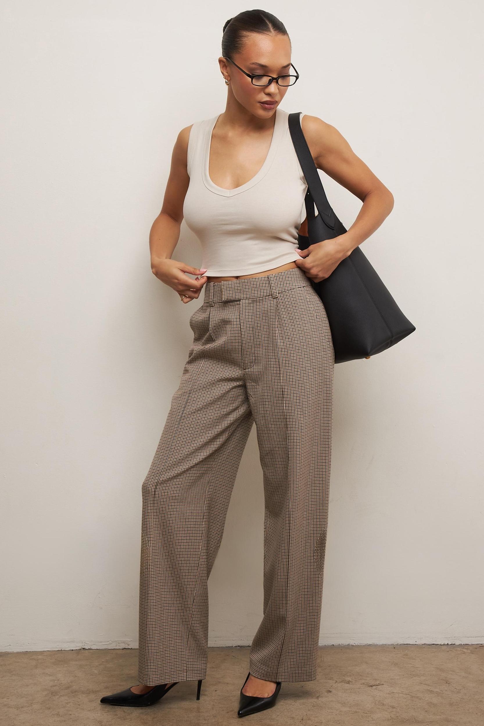 Hayden  brown puppytooth wide leg high waist tailored trousers Product Image