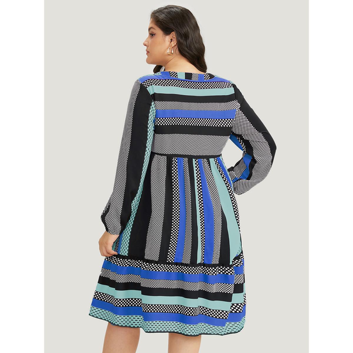 Plus Size Polka Dot & Striped Print Notched Pocket Dress Aegean Women Office Elastic cuffs Notched collar Long Sleeve Curvy Midi Dress BloomChic 26/4X Product Image
