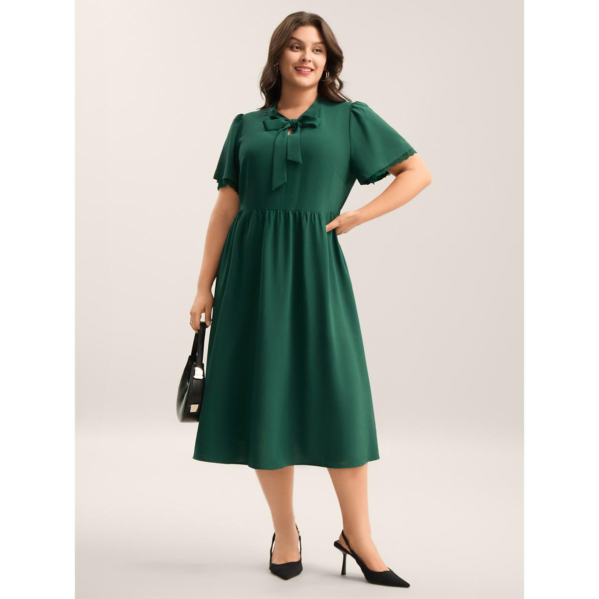 Plus Size Ribbon Neck Flared Sleeve Midi Dress DarkGreen Women Ribbon-tied collar Short sleeve Curvy BloomChic 10/M Product Image