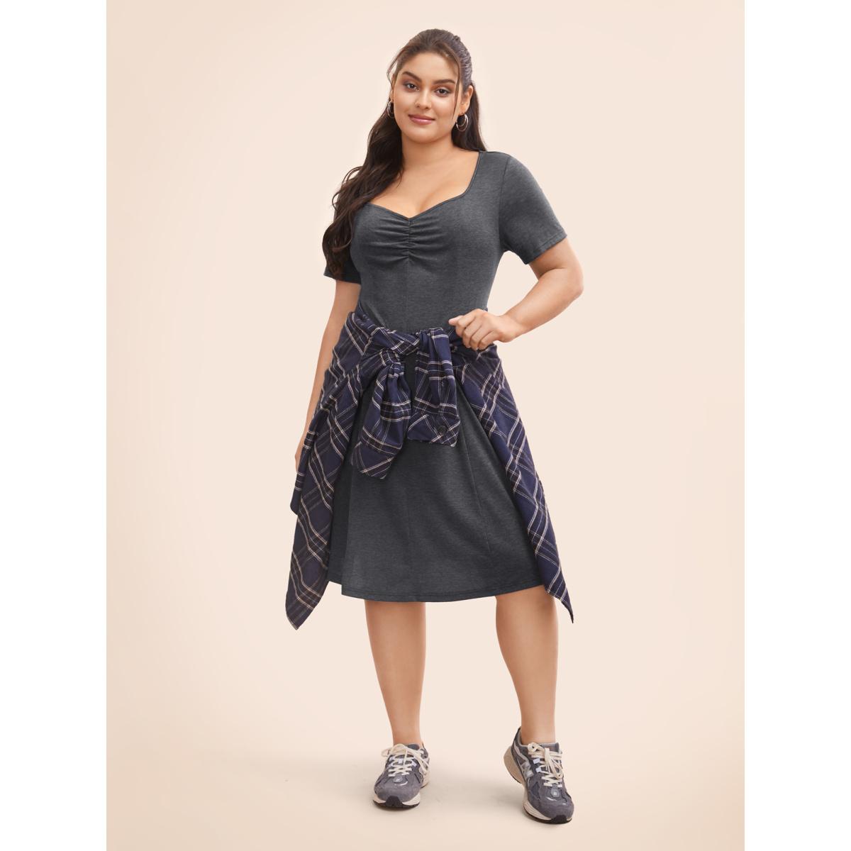 Plus Size Solid Heart Neckline Ruched Dress DarkSlateGray Women Casual Gathered Heart neckline Short sleeve Curvy BloomChic 18-20/2X Product Image