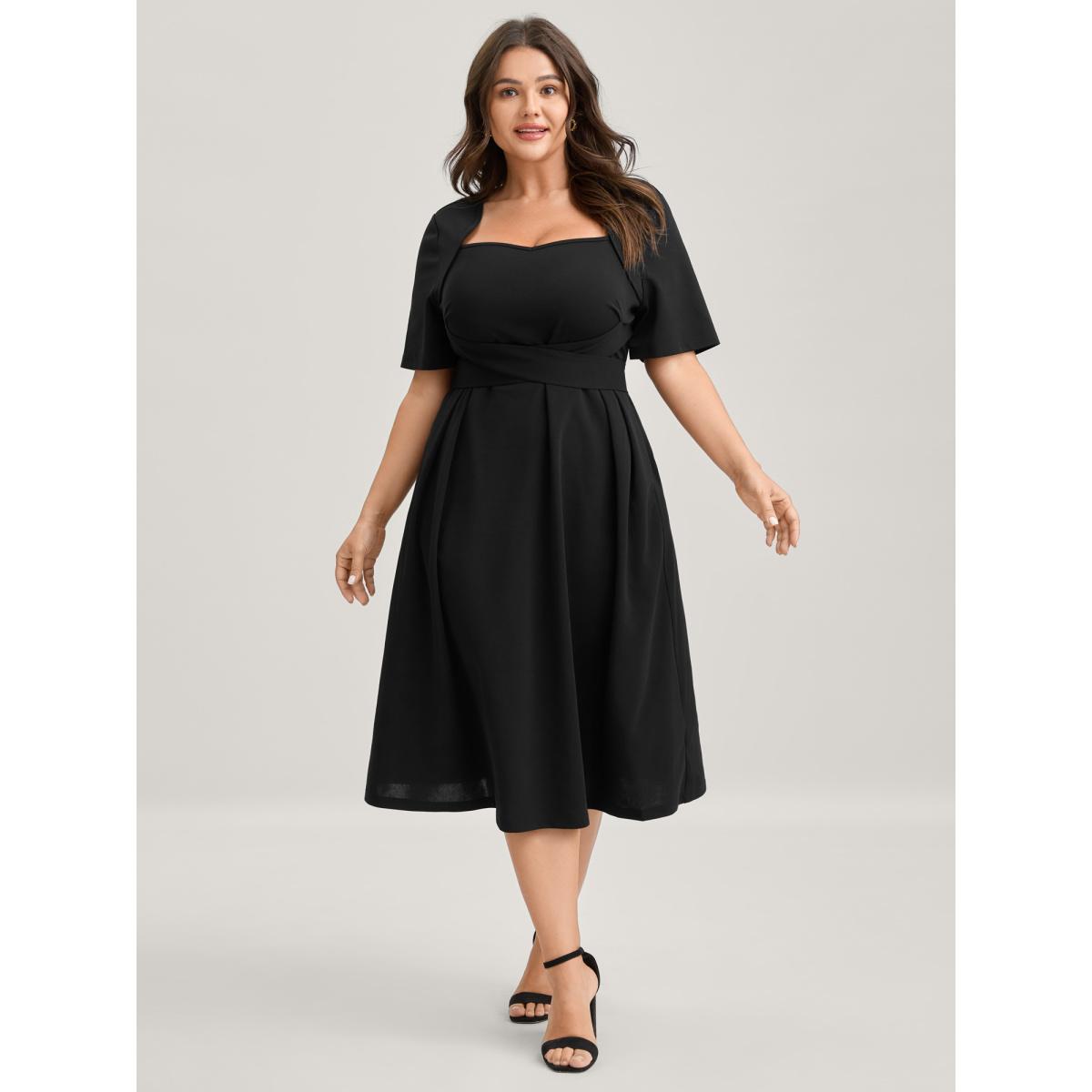 Plus Size Super Stretchy Overlap Waist Midi Dress Black Women Timeless Tie knot Heart neckline Short sleeve Curvy BloomChic 28/5X Product Image
