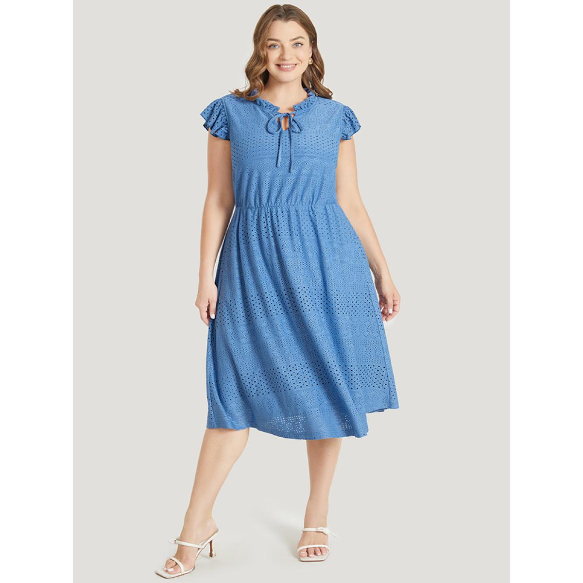 Plus Size Plain Pocket Ruffle Tie Neck Cap Sleeve Broderie Anglaise Dress Blue Women Elegant Lined Tie Neck Cap Sleeve Curvy Midi Dress BloomChic 18-20/2X Product Image