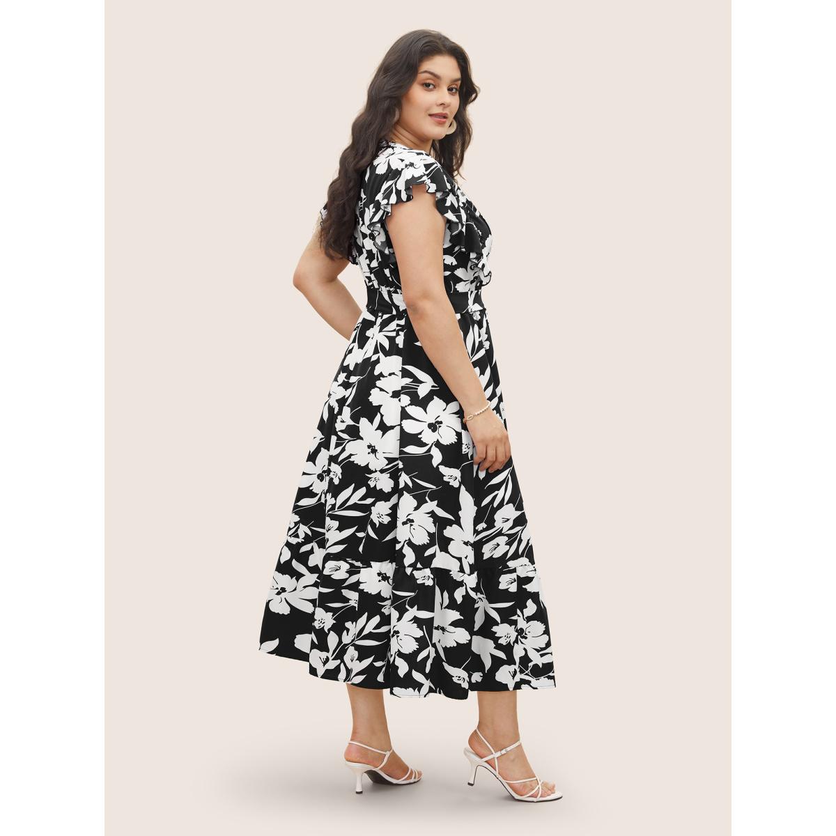 Plus Size Silhouette Floral Print Ruffle Cap Sleeve Dress Black Women Elegant Belted V-neck Sleeveless Curvy Midi Dress BloomChic 28/5X Product Image