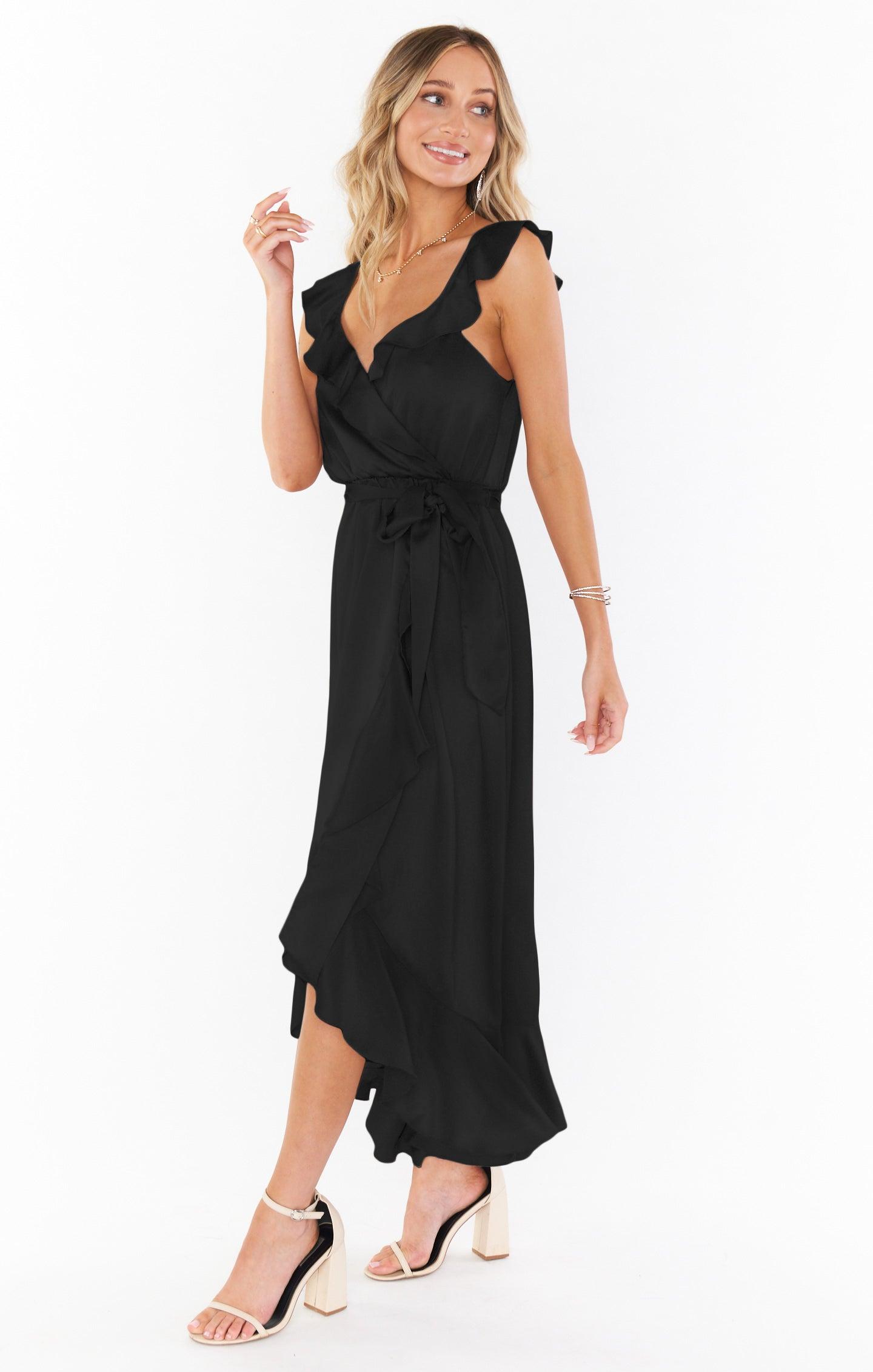 Samantha Ruffle Wrap Dress ~ Black Luxe Satin Product Image