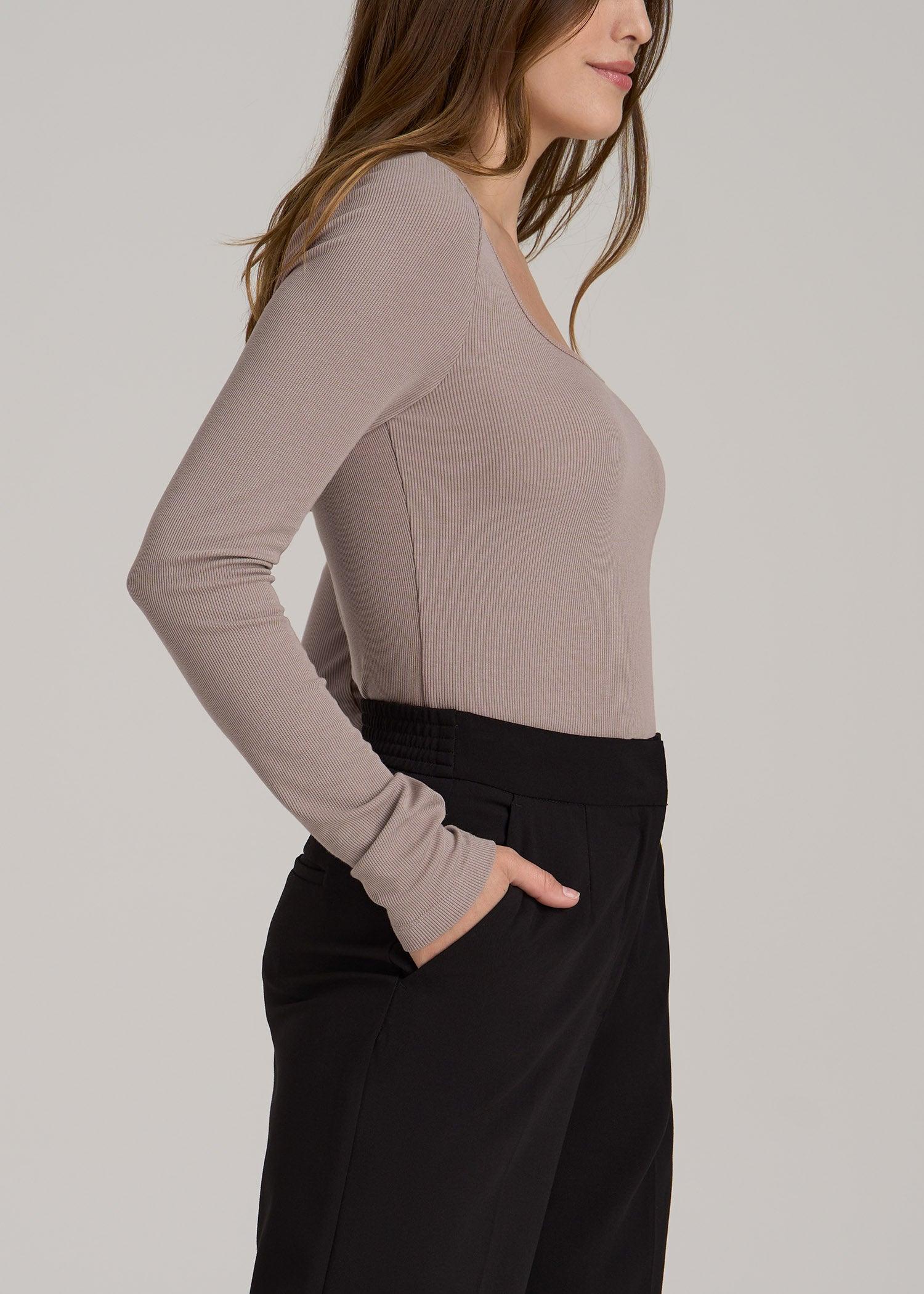Long Sleeve Ribbed Square Neck Top for Tall Women in Truly Taupe Female Product Image