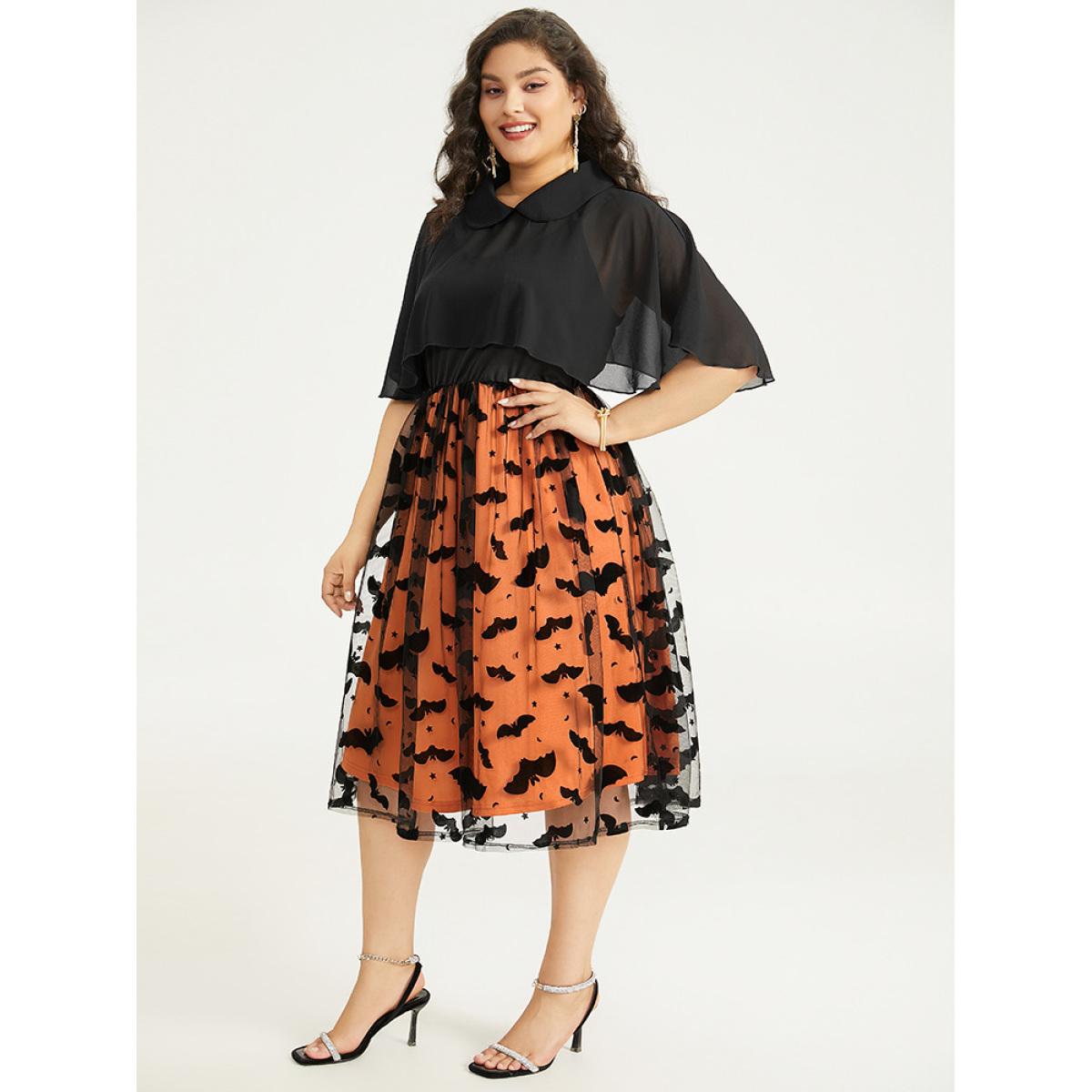 Plus Size Halloween Bat print Tiered Patchwork Dress Black Women Elegant Adjustable Straps Lapel Collar Sleeveless Curvy Midi Dress BloomChic 22-24/3X Product Image