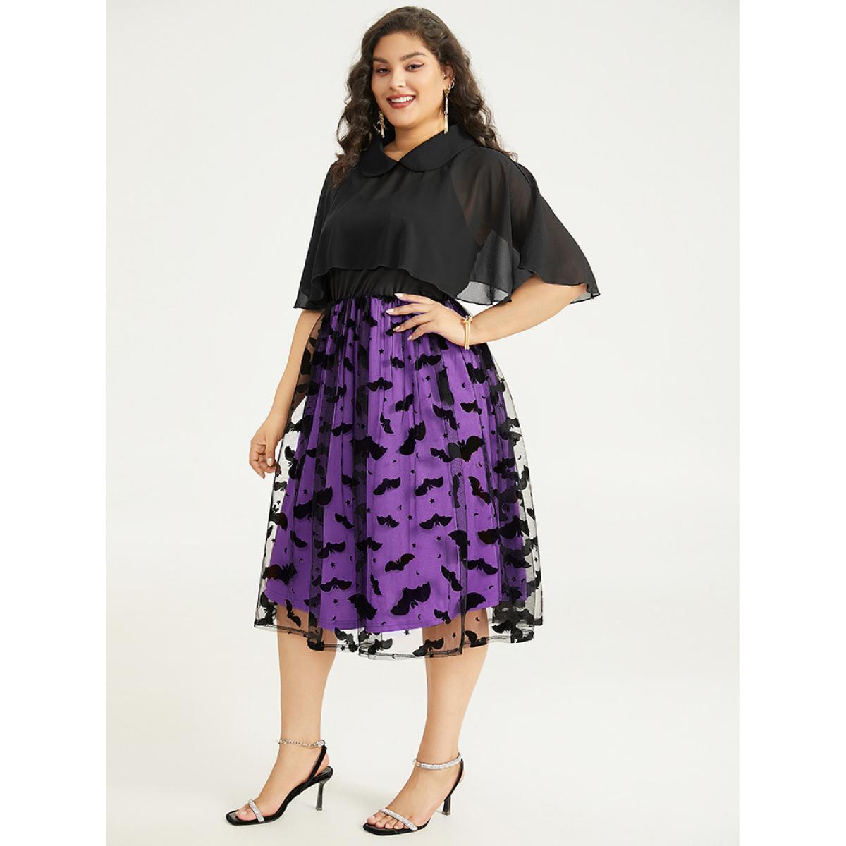 Plus Size Halloween Bat print Tiered Patchwork Dress DarkBlue Women Elegant Adjustable Straps Lapel Collar Sleeveless Curvy Midi Dress BloomChic 26/4X Product Image