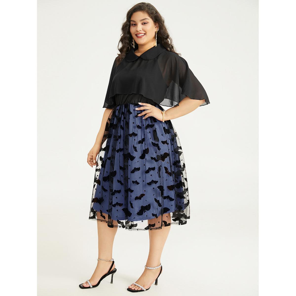 Plus Size Halloween Bat print Tiered Patchwork Dress DarkBlue Women Elegant Adjustable Straps Lapel Collar Sleeveless Curvy Midi Dress BloomChic 10/M Product Image