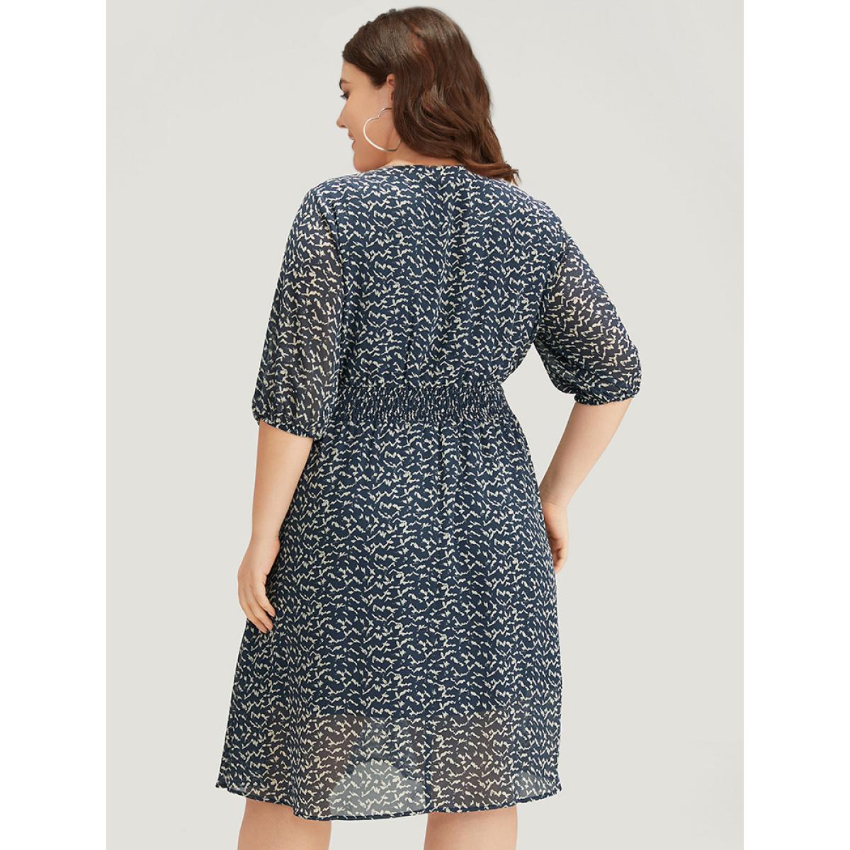Plus Size Bird Print Notched Shirred Lantern Sleeve Dress Blue Women Office Elastic cuffs Notched collar Half Sleeve Curvy Midi Dress BloomChic 26/4X Product Image