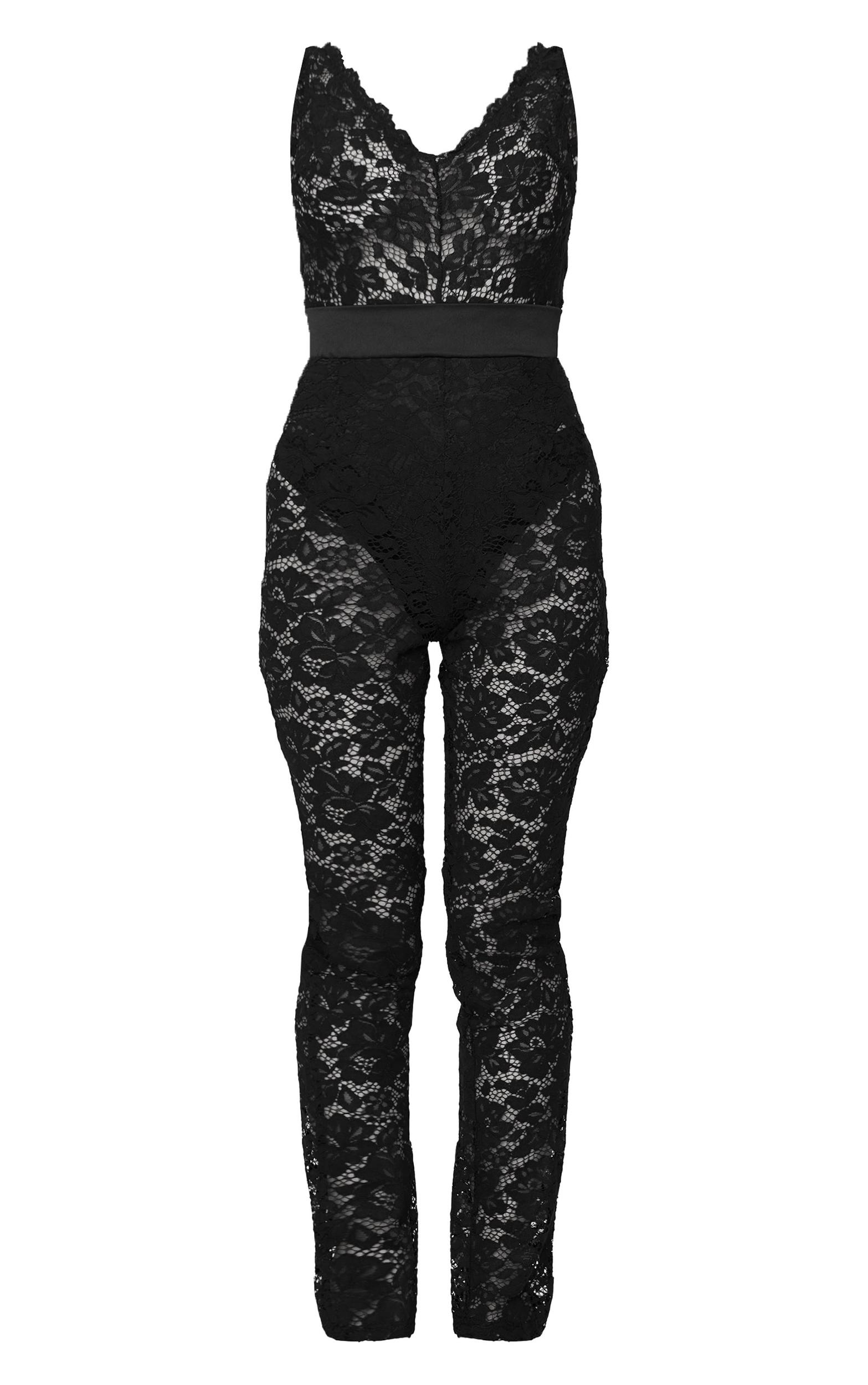 Petite Black Lace Ribbon Detail Straight Leg Jumpsuit Product Image