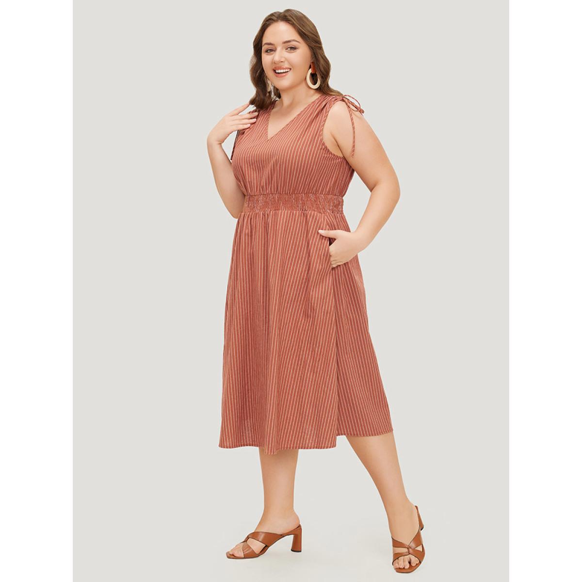 Plus Size Striped Print Pocket Shirred Drawstring Shoulder Dress Rust Women Vacation Contrast V-neck Sleeveless Curvy Midi Dress BloomChic 12/L Product Image