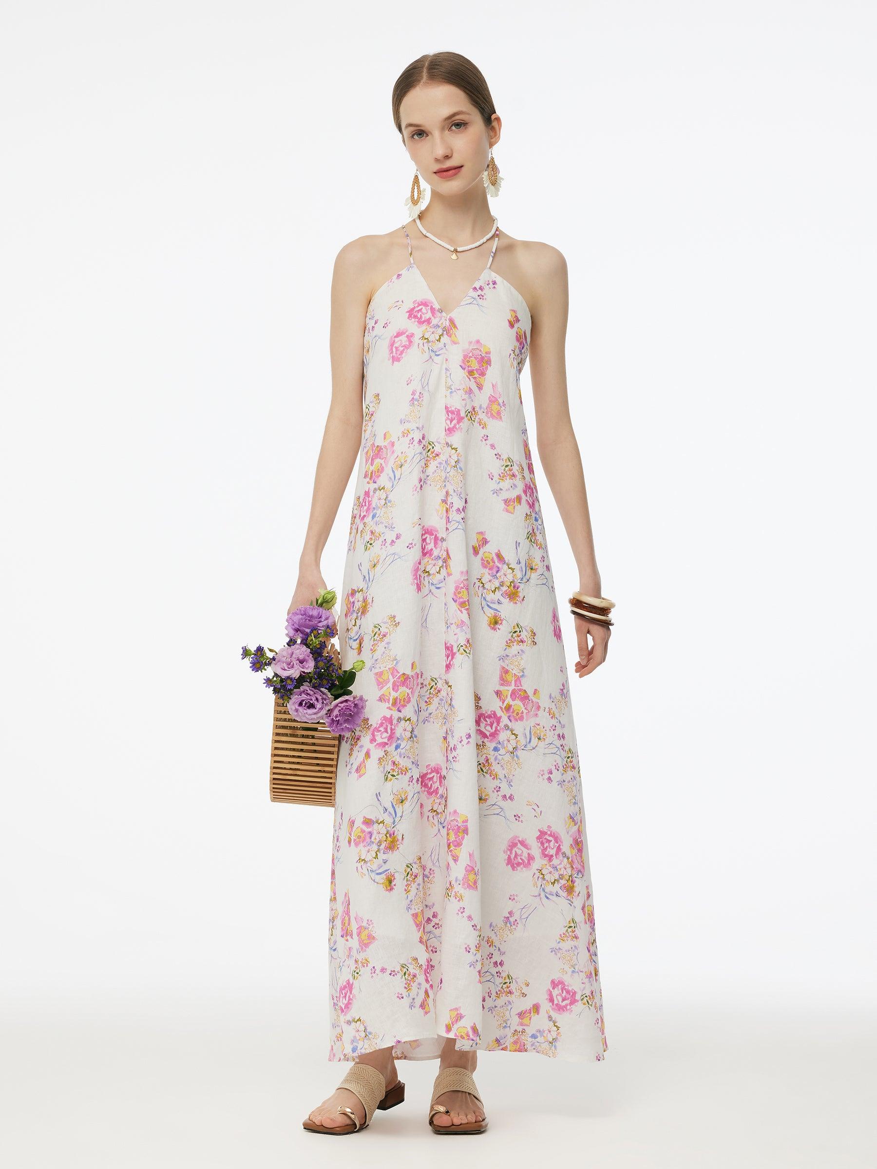 100% Linen Rose Print Women Halterneck Slip Maxi Dress Product Image