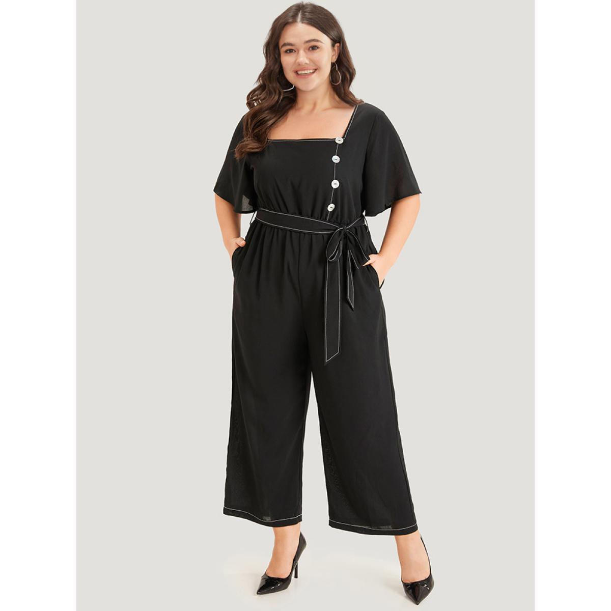 Plus Size Black Contrast Stitch Pocket Button Detail Belted Zipper Jumpsuit Women Office Short sleeve Square Neck Work Loose Jumpsuits BloomChic 28/5X Product Image