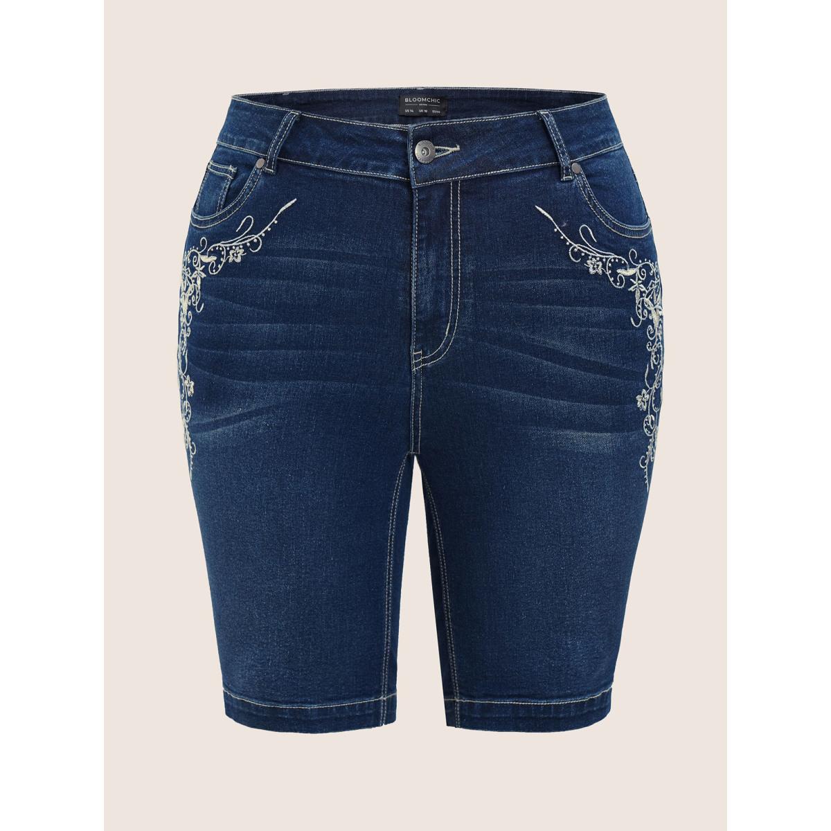 Plus Size Medium Wash Floral Embroidered Denim Shorts Women DarkBlue Embroidered High stretch Everyday Slanted pocket Elegant Denim Shorts BloomChic 16/1X Product Image