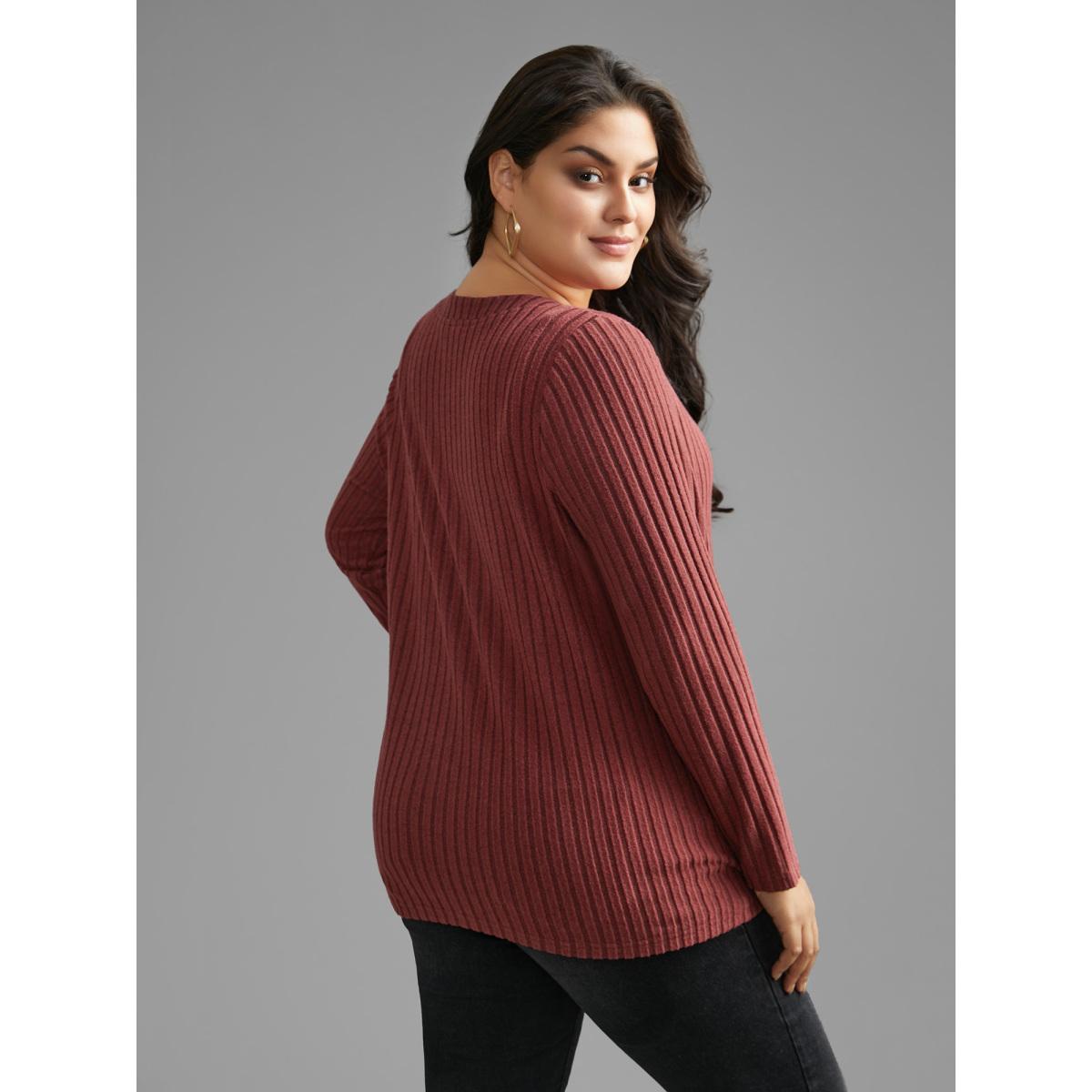 Plus Size Texture Notched Collar Button Up T-shirt Maroon Women Casual Texture Notched collar Everyday T-shirts BloomChic 12/L Product Image