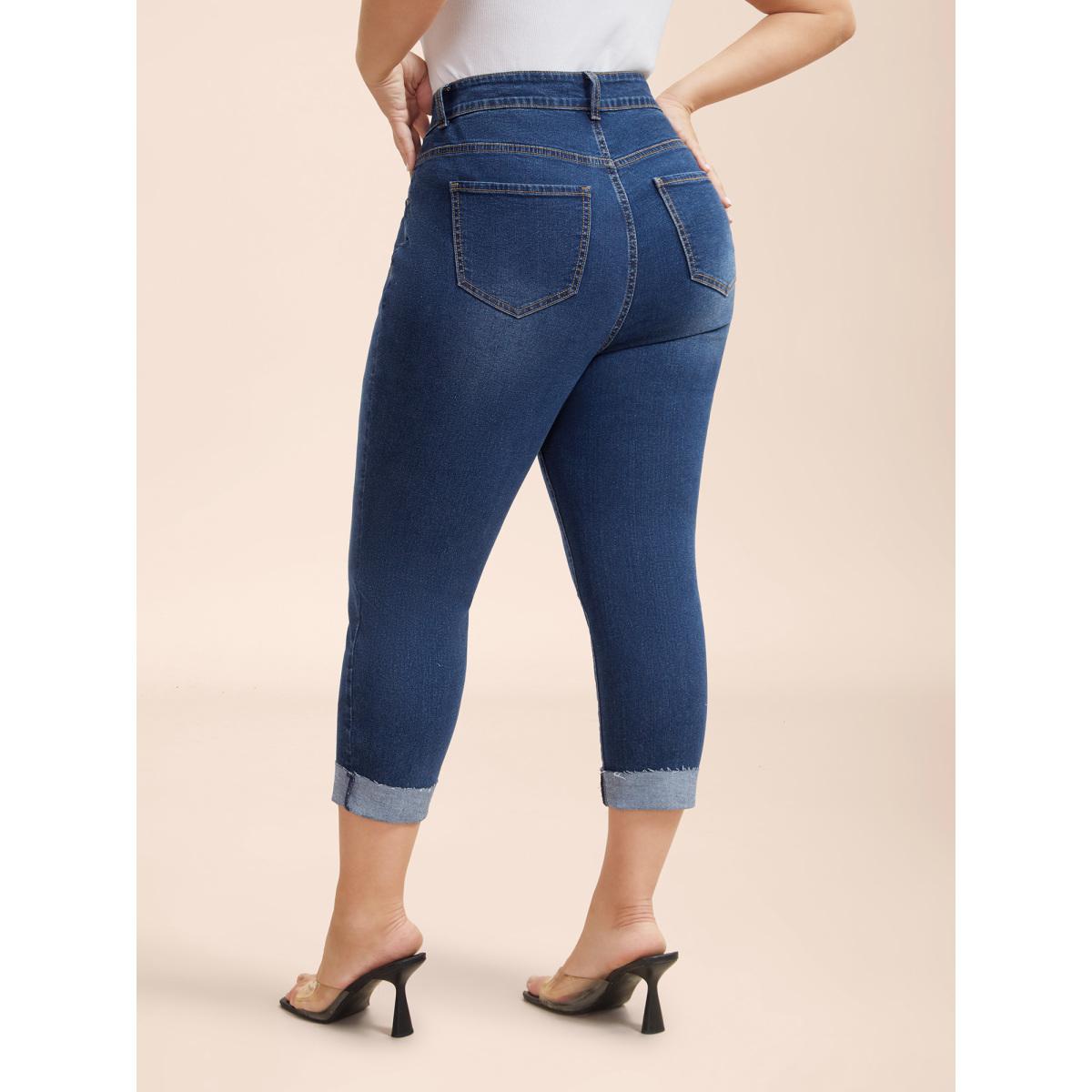 Plus Size Whiskered Rolled Hem Slim-Fit Jeans Women Bluevintage Casual Medium stretch Slanted pocket Jeans BloomChic 26/4X Product Image