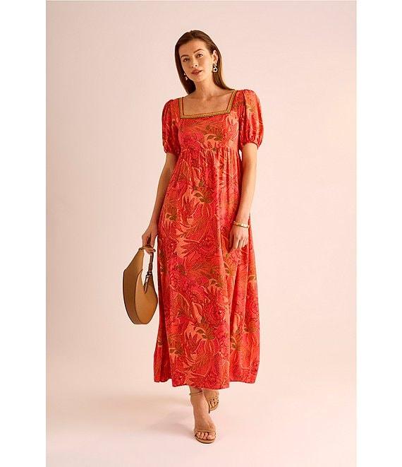 Vince Camuto Woven Floral Print Square Neck Short Puff Sleeve Maxi Dress Product Image