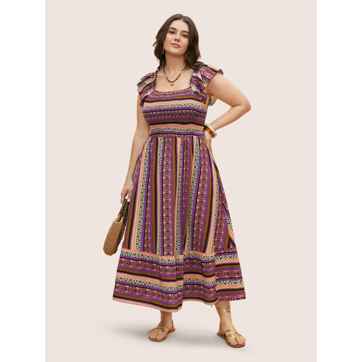 Plus Size Bandana Striped Shirred Ruffle Trim Dress Lilac Women Resort Shirred Square Neck Cap Sleeve Curvy BloomChic 30/6X Product Image