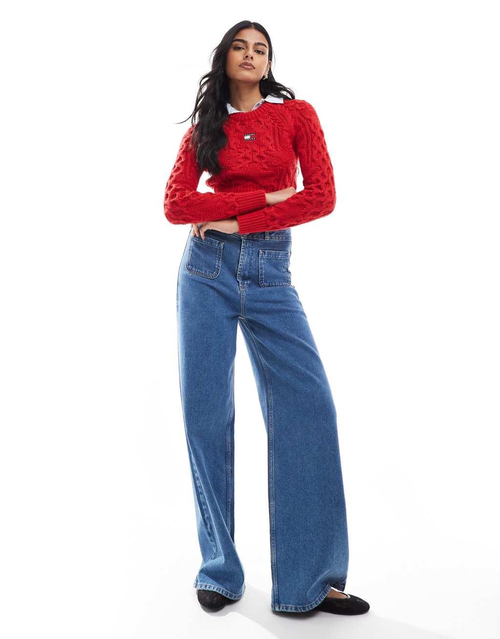 Tommy Jeans star cable knit sweater in bright red Product Image