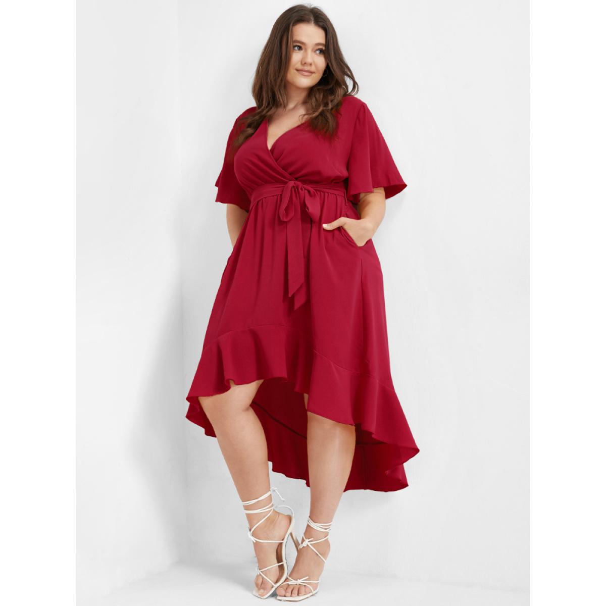 Plus Size Bloom Dress - Solid Tie Surplice Ruffle High Low Dress Burgundy Women Elegant Cross straps V-neck Short sleeve Curvy Midi Dress BloomChic 14/1X Product Image