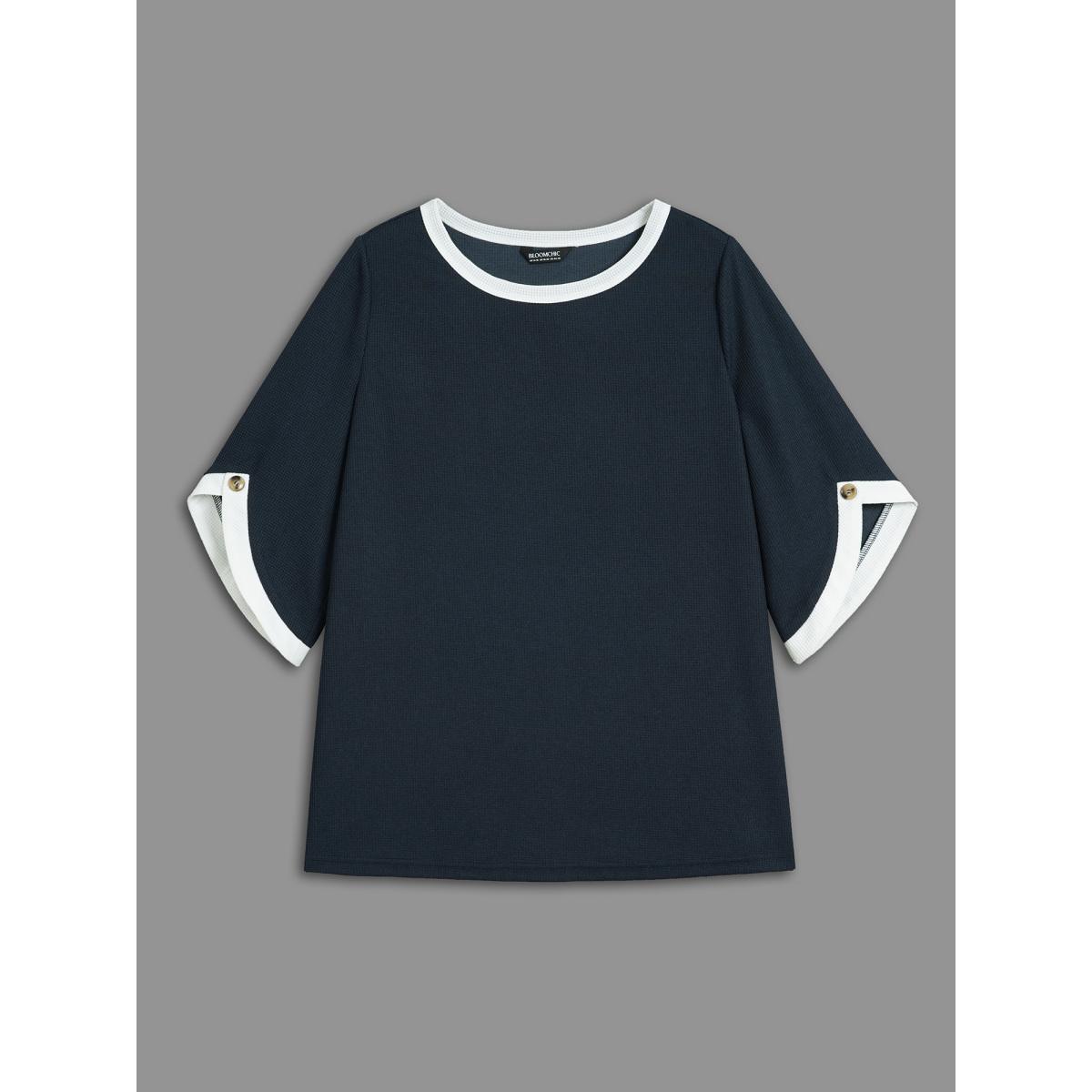 Plus Size Color Contrast Waffle Knit Bell Sleeve T-Shirt Indigo Women Casual Texture Round Neck Everyday T-shirts BloomChic 12/L Product Image