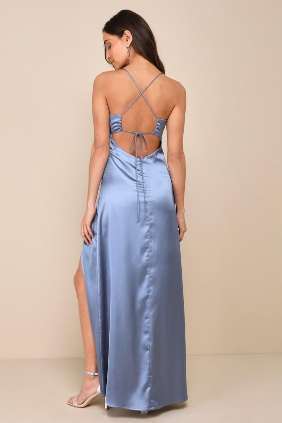 Stunning Example Slate Blue Satin Backless Maxi Dress Product Image
