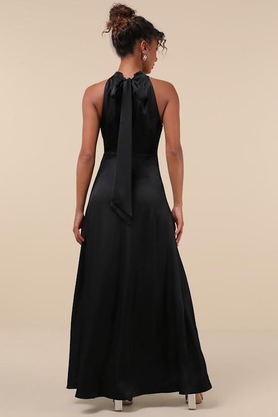Regal Loveliness Black Satin Pleated Mock Neck Maxi Dress Product Image