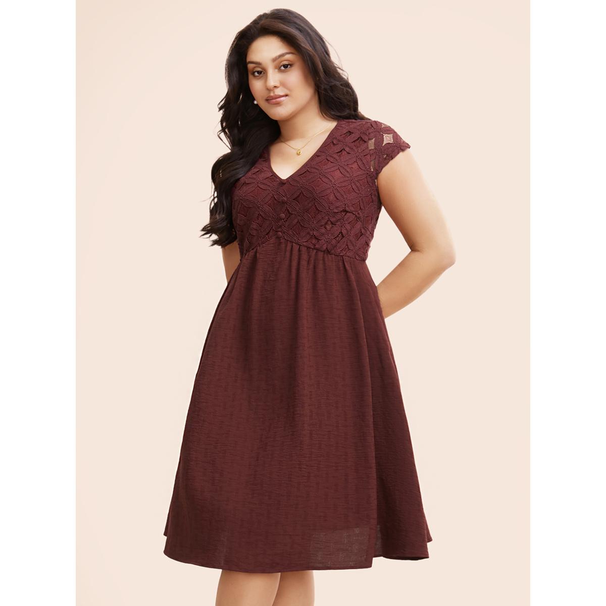 Plus Size Plain Lace Panel Cap Sleeve Dress Denimburgundy Women Elegant Texture V-neck Cap Sleeve Curvy BloomChic 26/4X Product Image