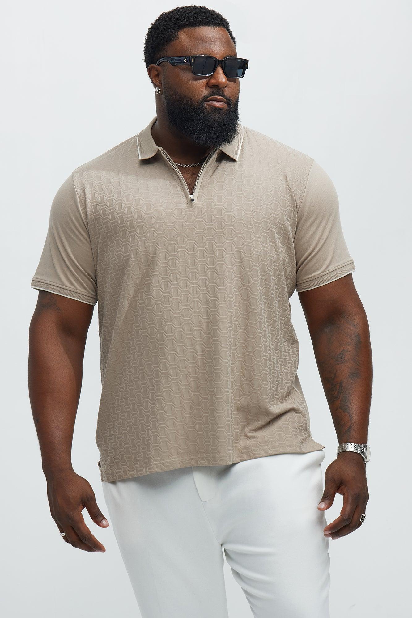 Geometric Textured Zip Polo - Taupe Product Image