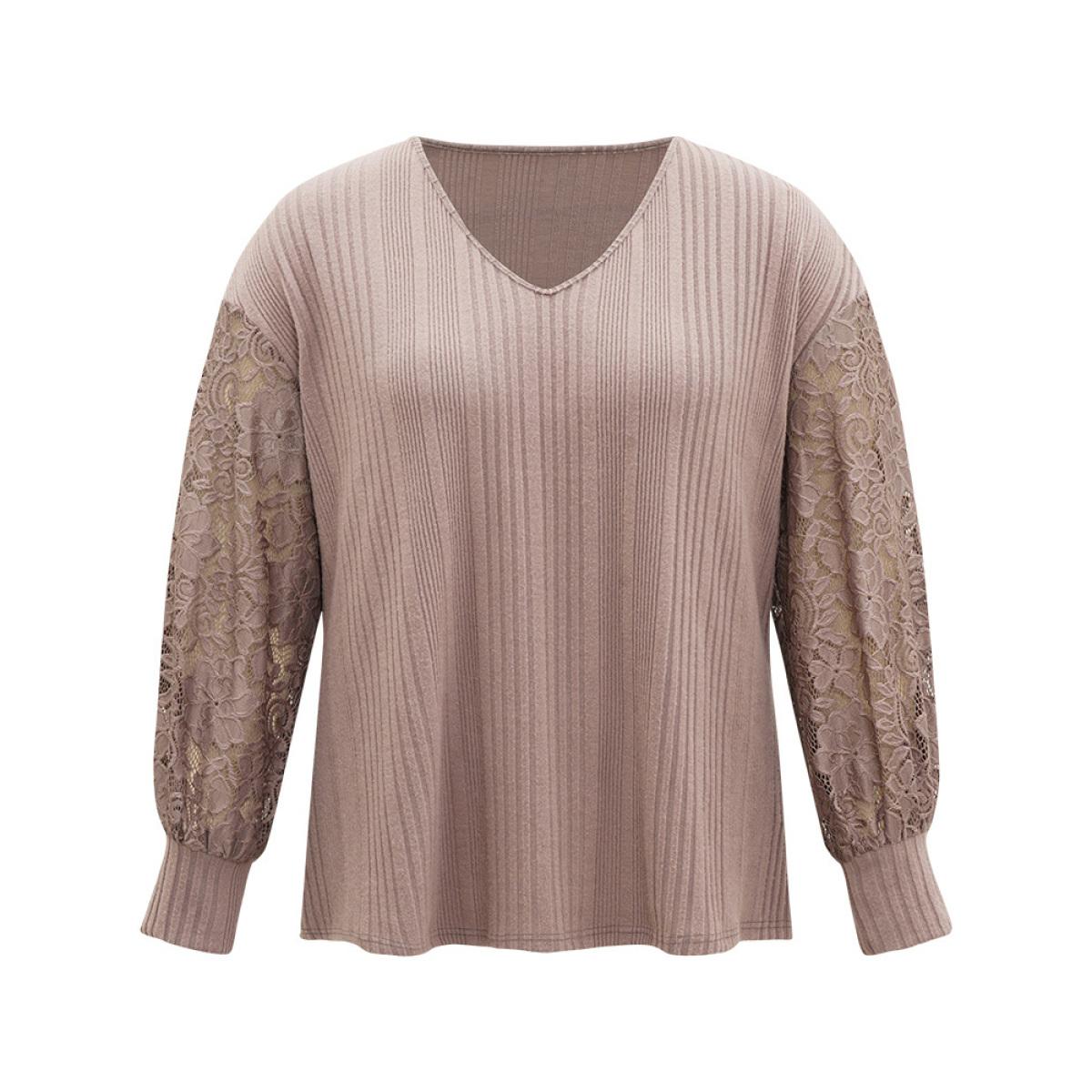 Plus Size Lace Panel V Neck Lantern Sleeve Sweatshirt Women Pink Elegant Elastic cuffs V-neck Dailywear Sweatshirts BloomChic 10/M Product Image