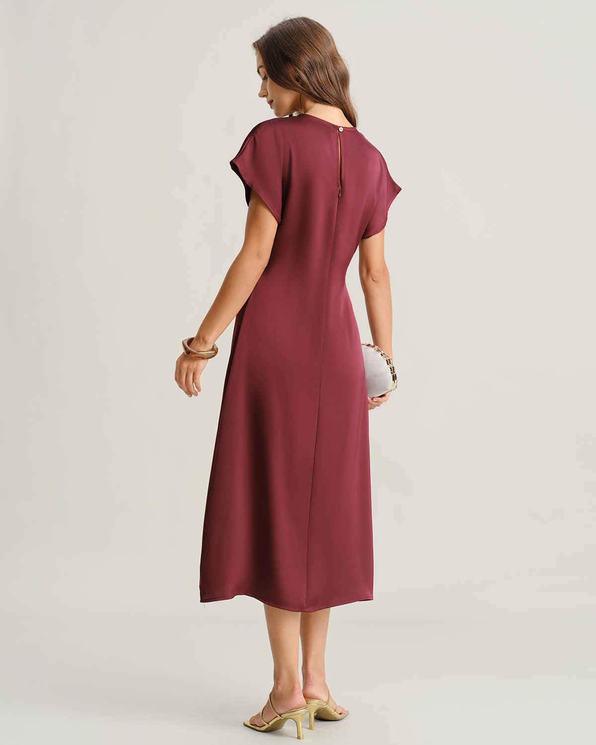 Red Satin Cowl Sleeve A-Line Midi Dress Product Image