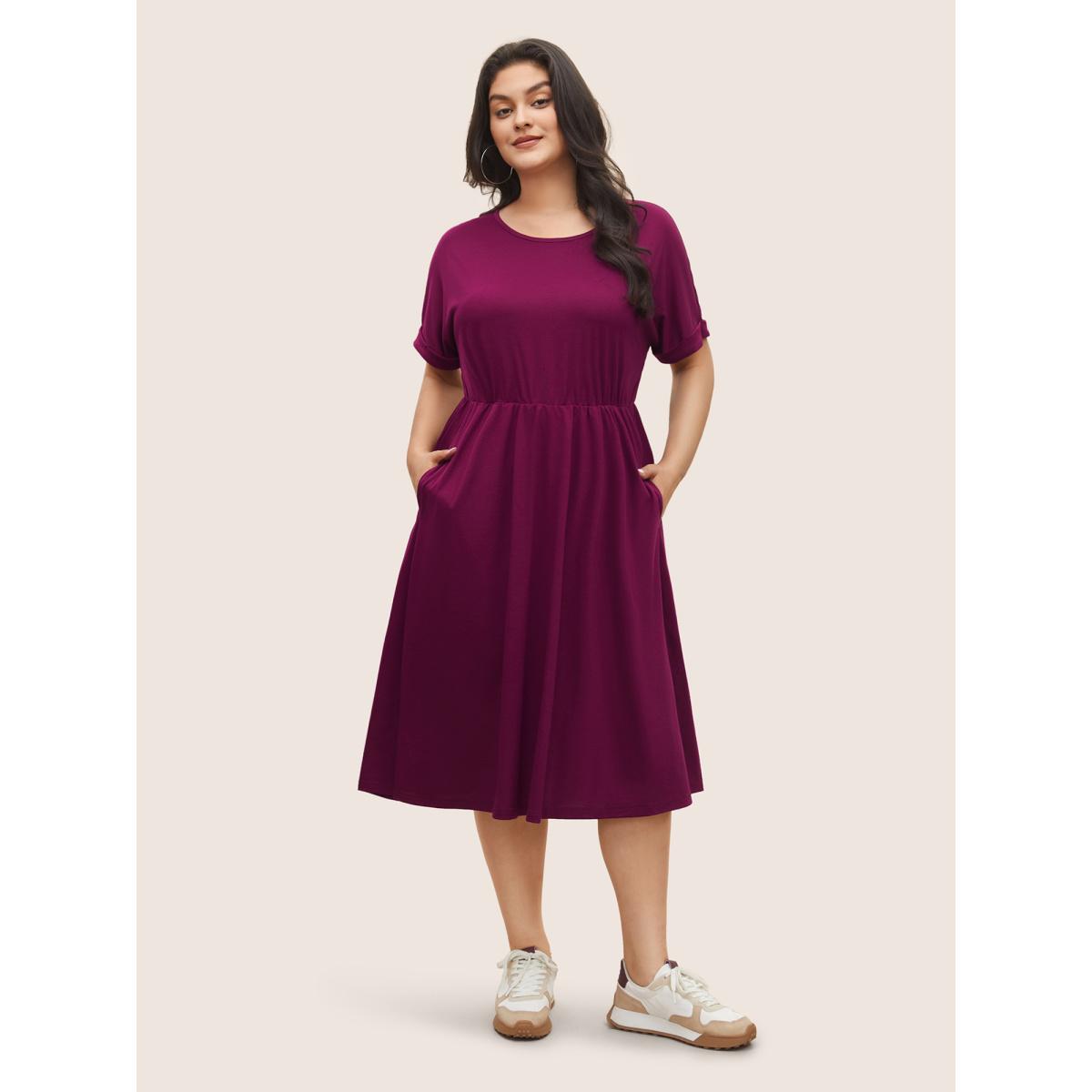 Plus Size Supersoft Essentials Solid Pocket Cuffed Sleeve Dress RedViolet Women Basics Non Round Neck Short sleeve Curvy Midi Dress BloomChic 22-24/3X Product Image