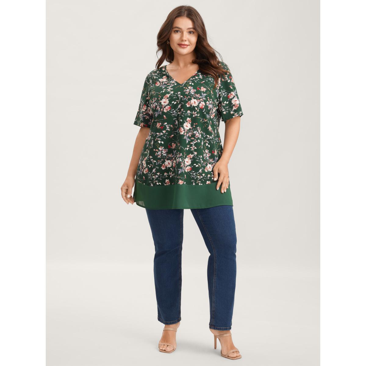 Plus Size DarkGreen Garden Print Spliced V-Neck Blouse Women Romantic Short sleeve V-neck Elegant Blouses BloomChic 12/L Product Image