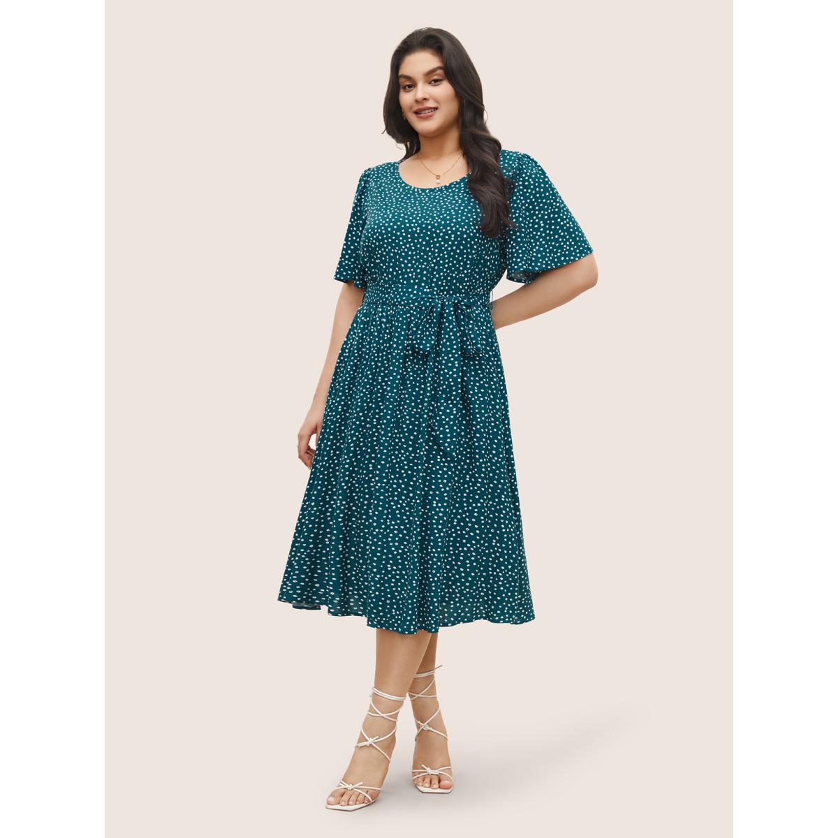 Plus Size Polka Dot Belted Flutter Sleeve Crew Neck Dress Teal Women Elegant Non Round Neck Short sleeve Curvy Midi Dress BloomChic 18-20/2X Product Image