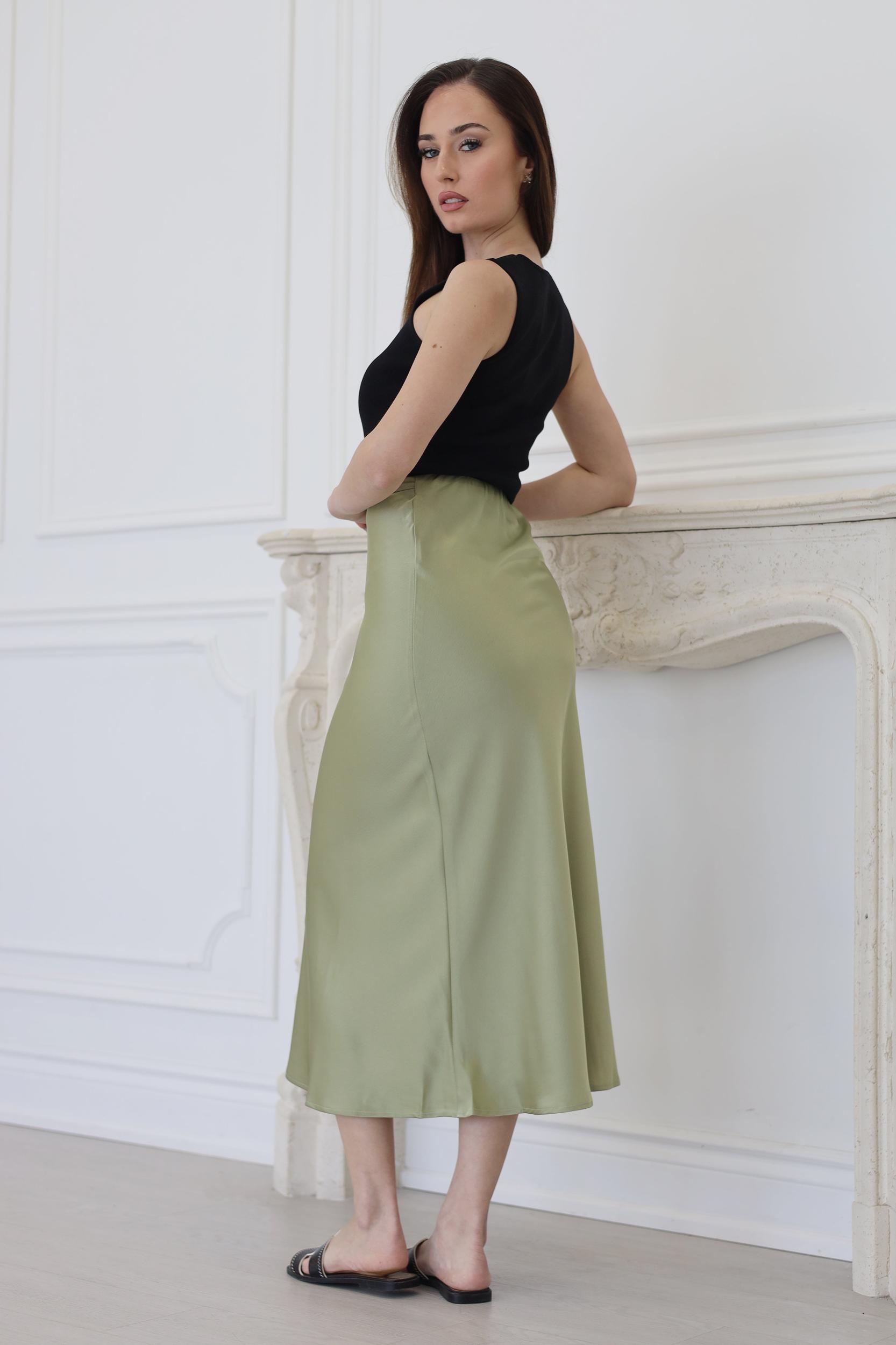 High Waist A-Line Midi Satin Skirt Avocado Product Image