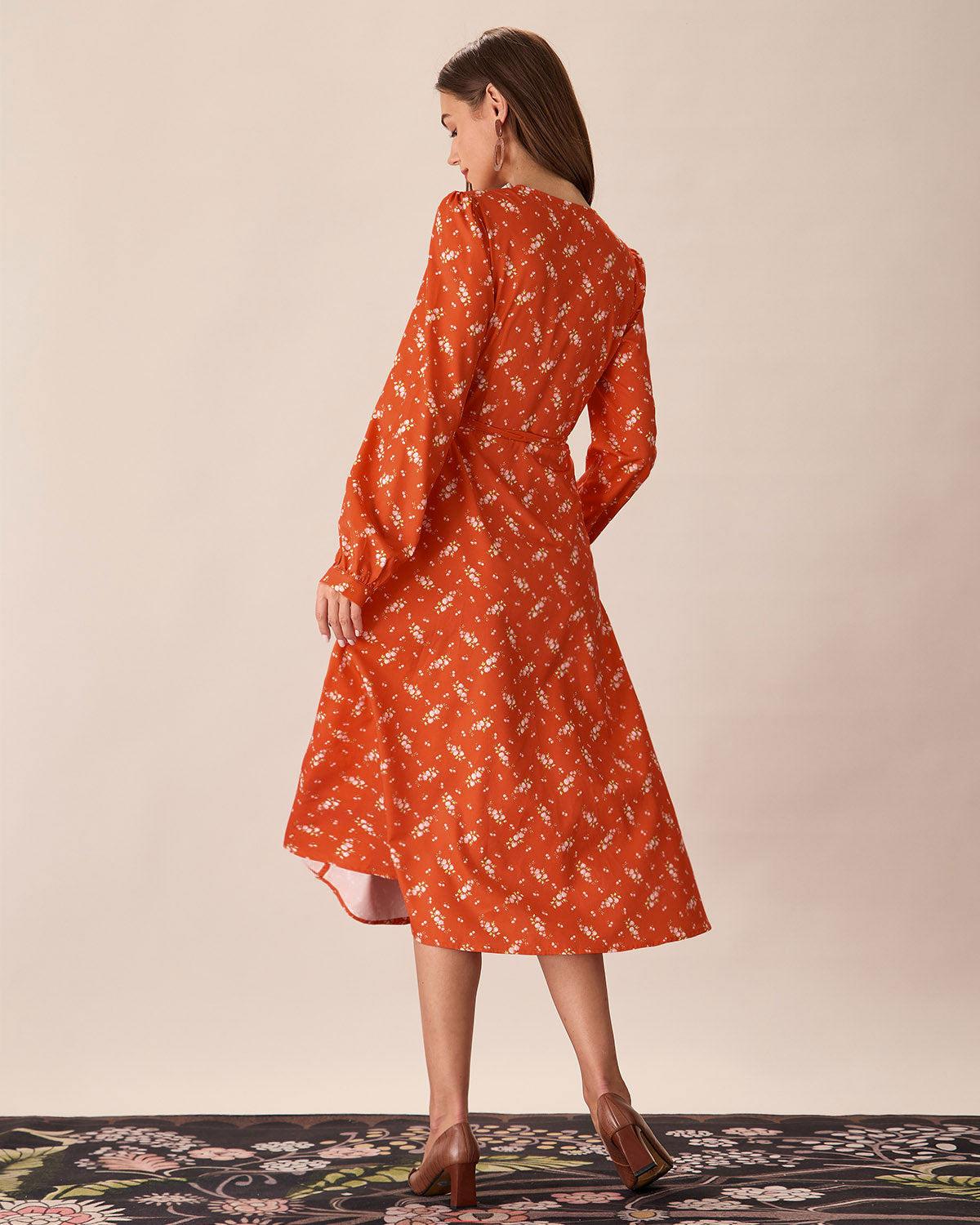 Orange Floral Wrap Midi Dress Product Image