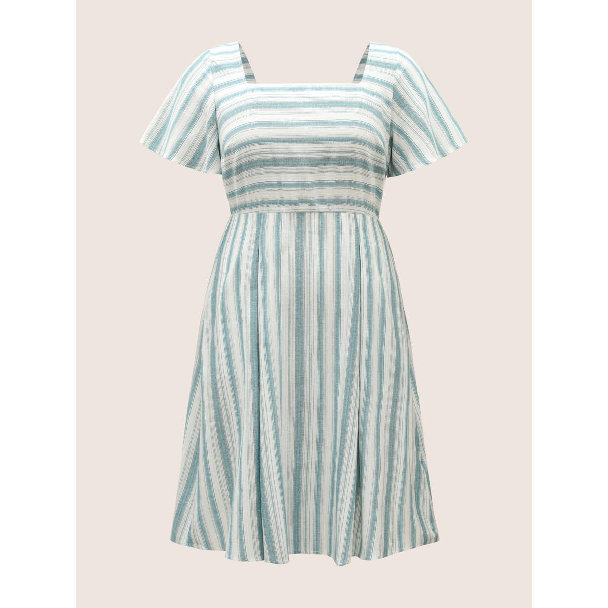 Plus Size Square Neck Striped Ruffle Sleeve Pleated Dress Teal Women Casual Pleated Square Neck Short sleeve Curvy BloomChic 22-24/3X Product Image