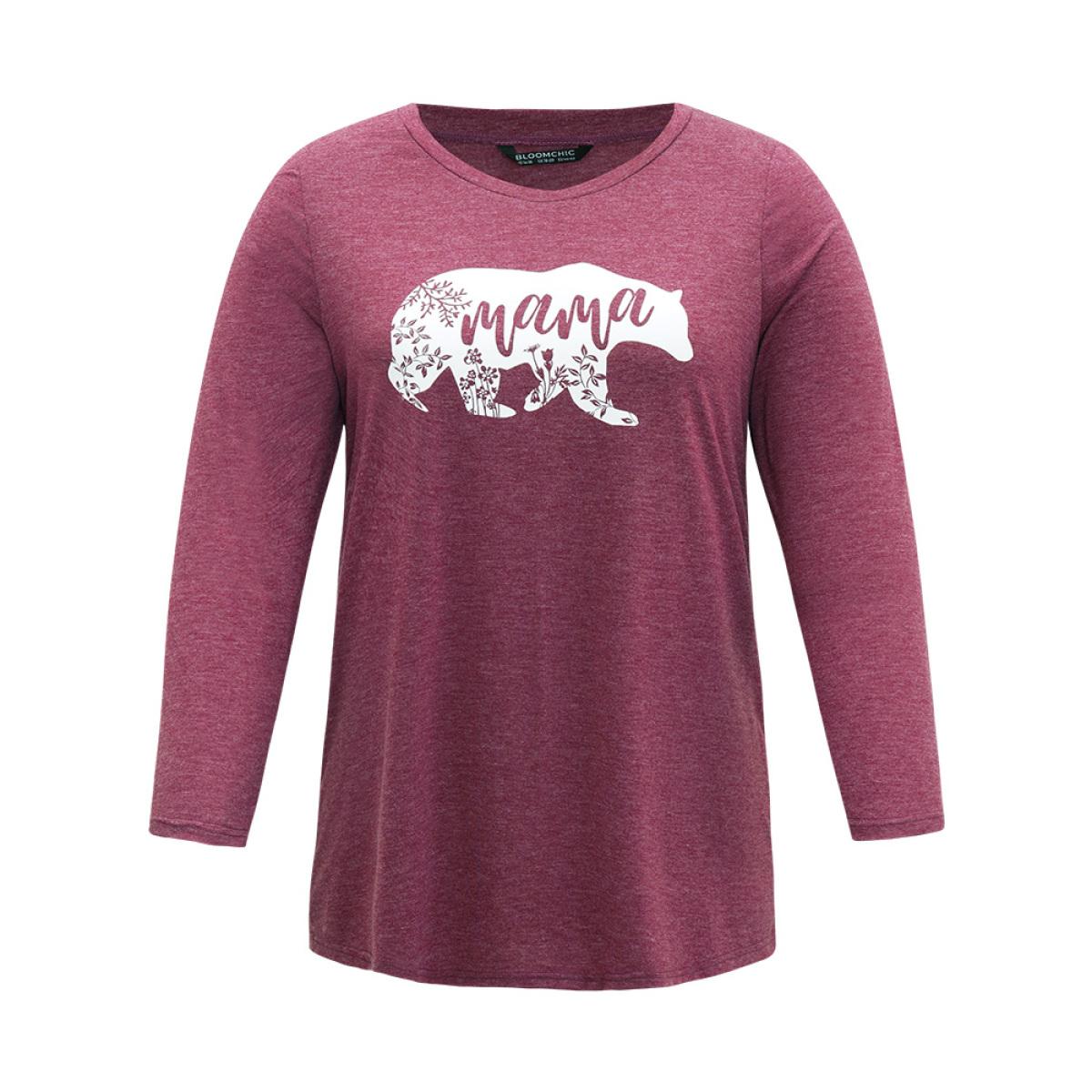 Plus Size Animal & Letter Print Round Neck T-shirt Burgundy Women Casual Printed Occupation Dailywear T-shirts BloomChic 30/6X Product Image